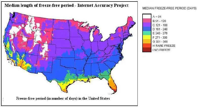 U.S. map showing median length of freeze-free period