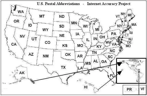 U.S. map with two-letter state abbreviations